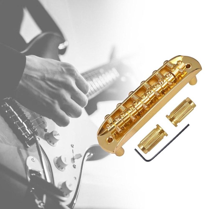 Strings and Accessories |   Electric Guitar Bridge Compatible with JM Series, Guitar Tailpiece Chrome Roller Saddles with 2 Screw Sleeves & 1.5mm Hexagonal Wrench Gold Musical Instruments Gold