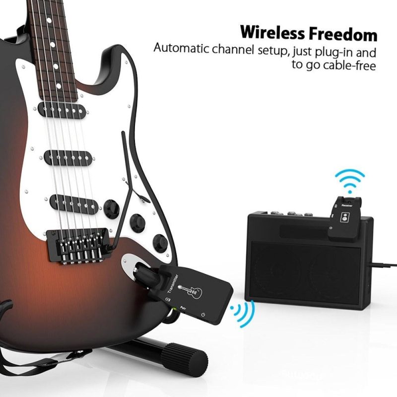 Strings and Accessories |   Wireless Guitar System 2.4G Rechargeable 6 Channels Audio Transmitter Receiver for Electric Guitar Bass Black Musical Instruments Black