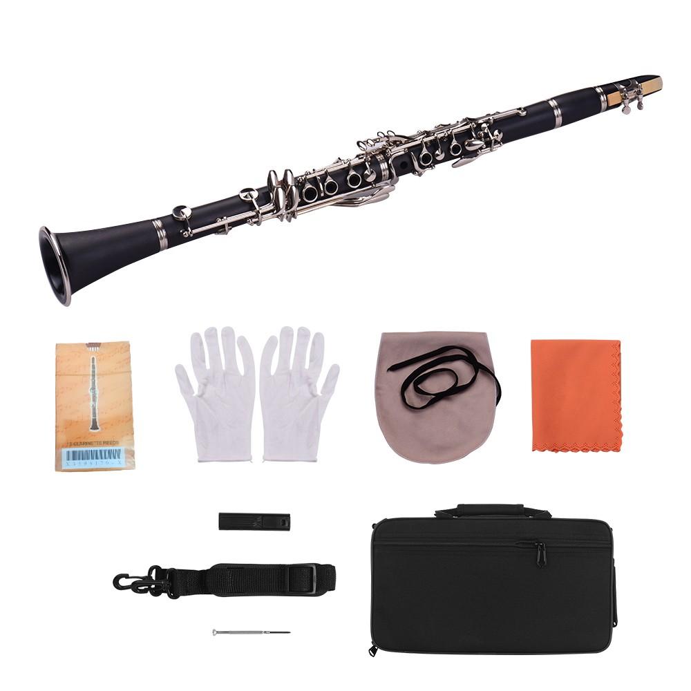 Woodwinds |   ABS 17-Key Clarinet Bb Flat with Carry Case Gloves Cleaning Cloth Black Musical Instruments Black