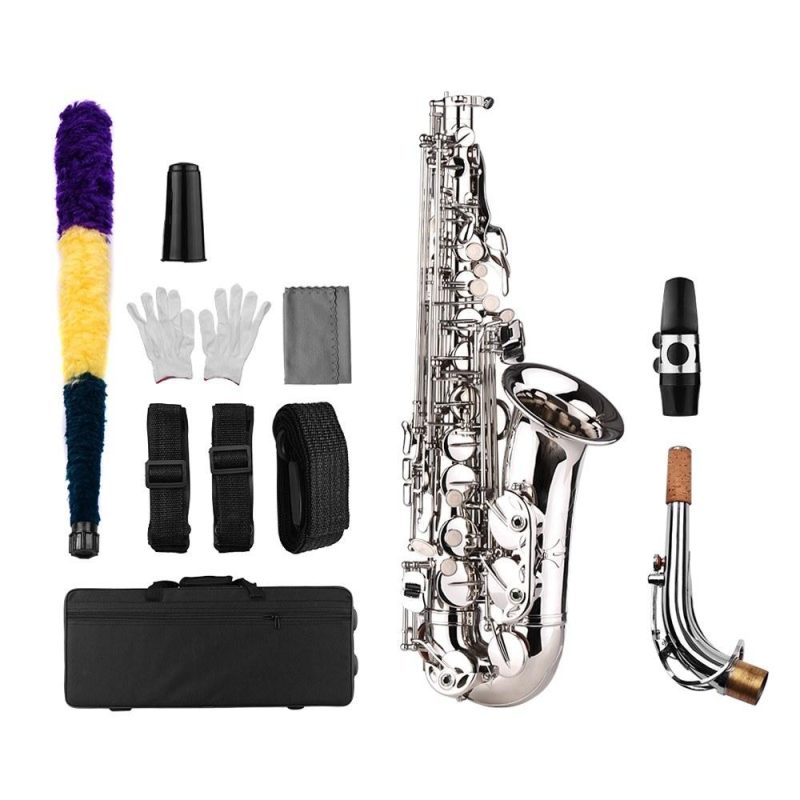 Woodwinds |   Deluxe Eb Alto Saxophone: Brass, Carved Pattern, Complete Set Silver Musical Instruments Silver