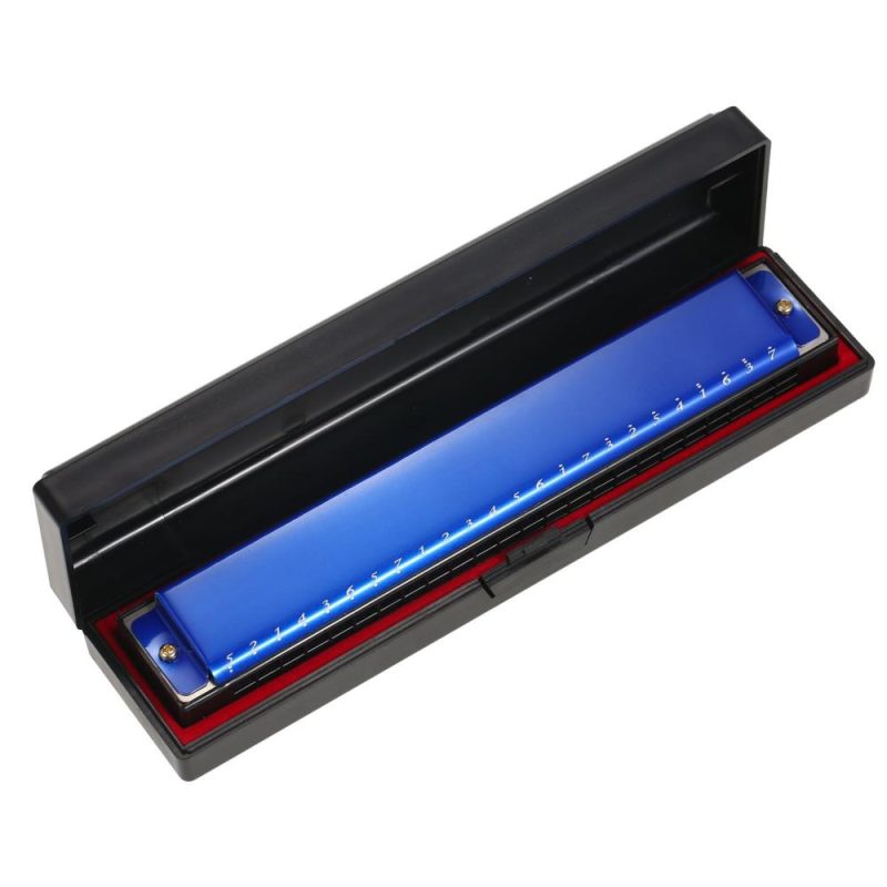 Woodwinds |   Harmonica Professional Harp Armonica Key of C 24 Hole Polyphony Diatonic Mouth Organ with Case Blue Musical Instruments Blue