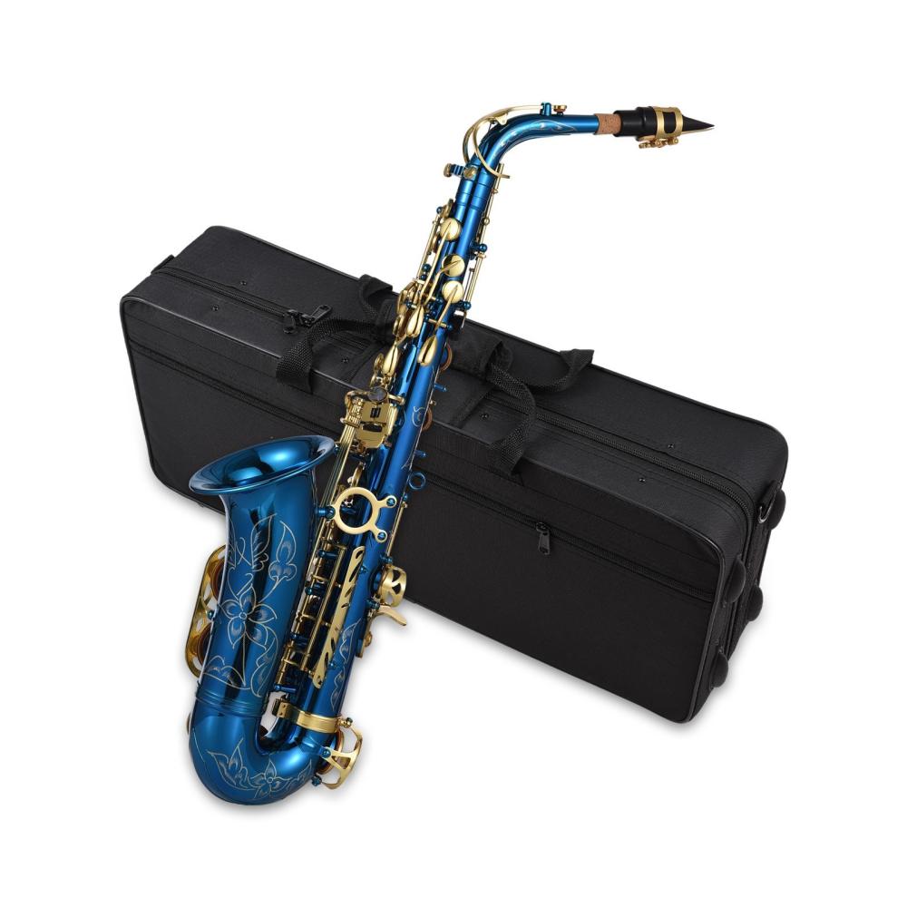 Woodwinds |   Premium Eb E-Flat Alto Saxophone – Brass Engraved, Abalone Shell Buttons, Complete Set Blue Musical Instruments Blue