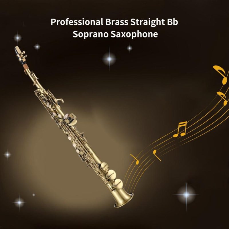 Woodwinds |   Professional Brass Straight Bb Soprano Saxophone Nickel Plated Sax Gold Musical Instruments Gold