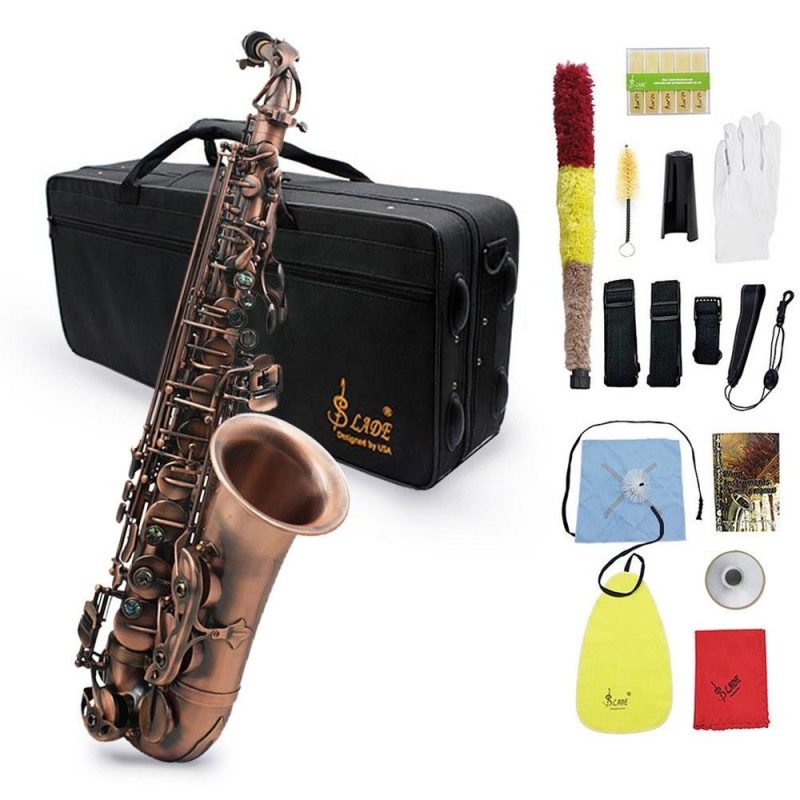 Woodwinds |   Professional Red Bronze Bend Eb E-flat Alto Saxophone Sax Abalone Shell Key Carve Pattern with Case Gloves Cleaning Cloth Straps Brush Brown Musical Instruments Brown