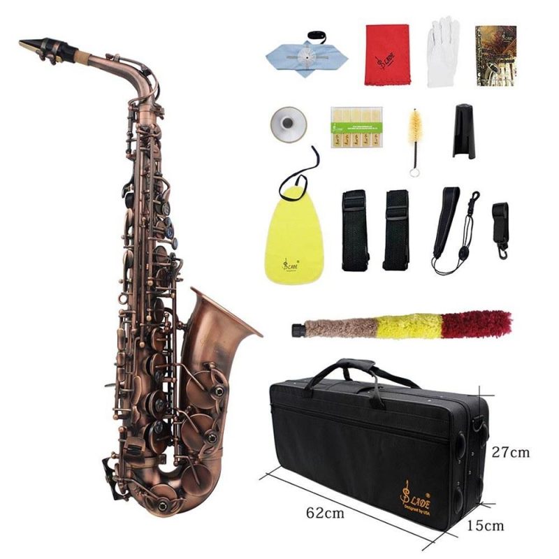 Woodwinds |   Professional Red Bronze Bend Eb E-flat Alto Saxophone Sax Abalone Shell Key Carve Pattern with Case Gloves Cleaning Cloth Straps Brush Brown Musical Instruments Brown