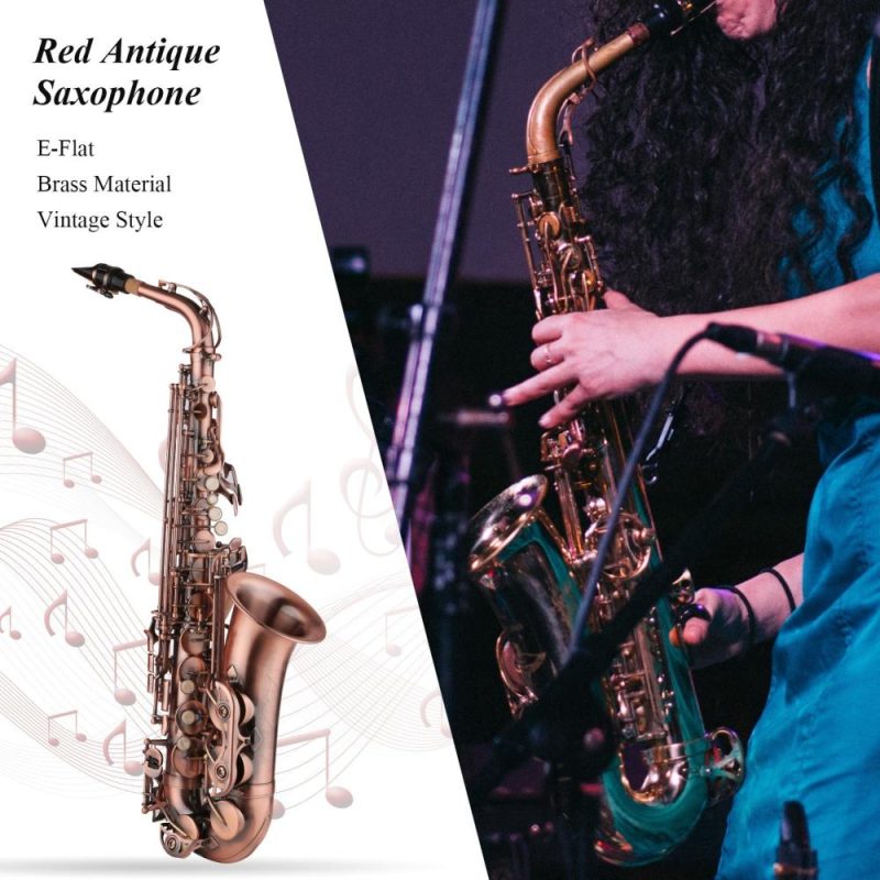 Woodwinds |   Saxophone Red Antique E-flat Brass Material with Carrying Case Cleaning Cloth Brush Sax Strap Mouthpiece Gold Musical Instruments Gold