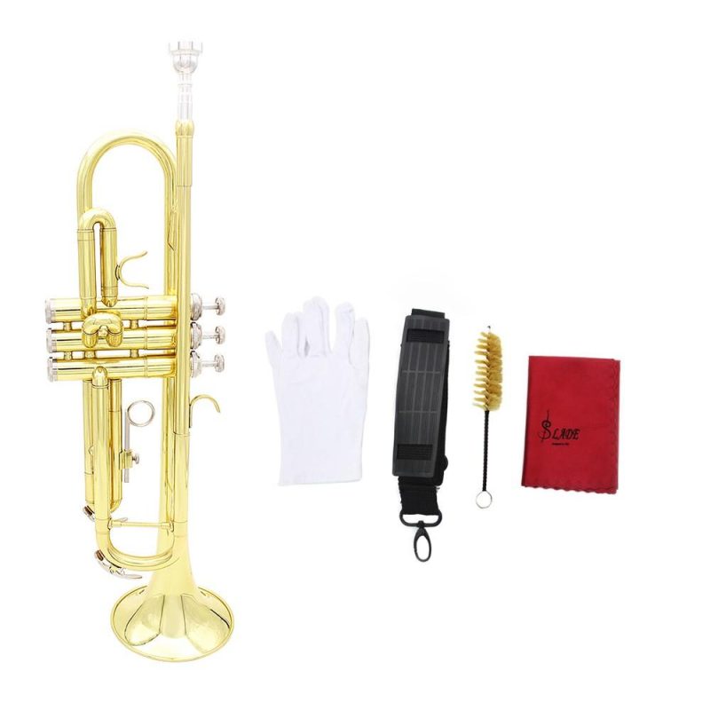 Woodwinds |   Trumpet Bb B Flat Brass Exquisite with Mouthpiece Cleaning Brush Cloth Gloves Strap Gold Musical Instruments Gold