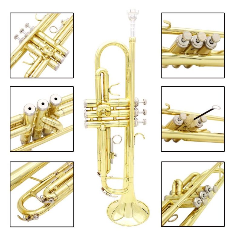 Woodwinds |   Trumpet Bb B Flat Brass Exquisite with Mouthpiece Cleaning Brush Cloth Gloves Strap Gold Musical Instruments Gold