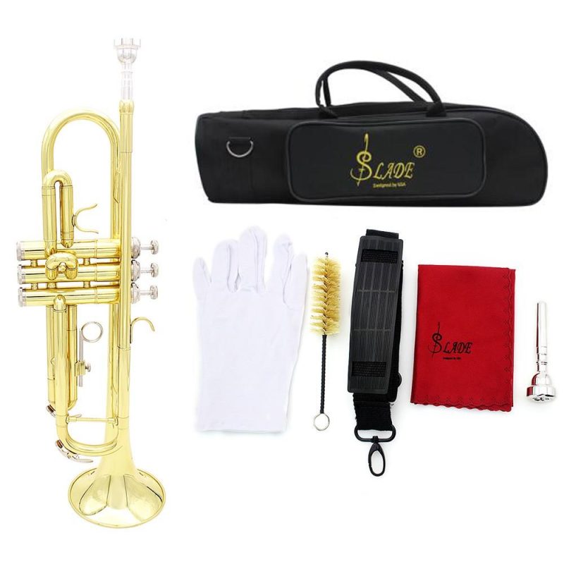 Woodwinds |   Trumpet Bb B Flat Brass Exquisite with Mouthpiece Gloves Gold Musical Instruments Gold