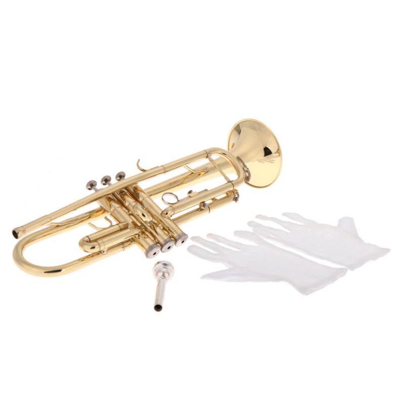 Woodwinds |   Trumpet Bb B Flat Brass Exquisite with Mouthpiece Gloves Gold Musical Instruments Gold