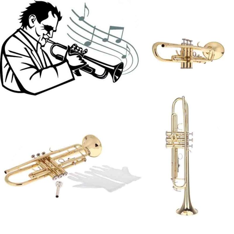 Woodwinds |   Trumpet Bb B Flat Brass Exquisite with Mouthpiece Gloves Gold Musical Instruments Gold