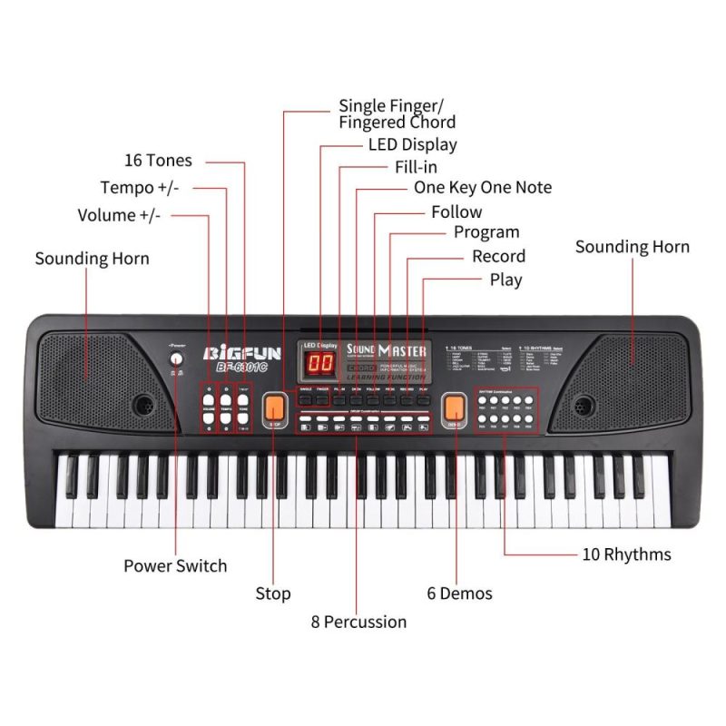 Keyboards & Pianos |   61 Keys Rechargeable Electronic Organ Kids Electric Piano with Microphone Black Keyboards & Pianos Black