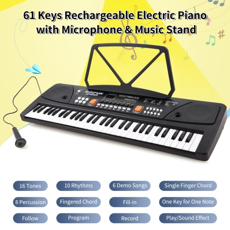 Keyboards & Pianos |   61 Keys Rechargeable Electronic Organ Kids Electric Piano with Microphone Black Keyboards & Pianos Black