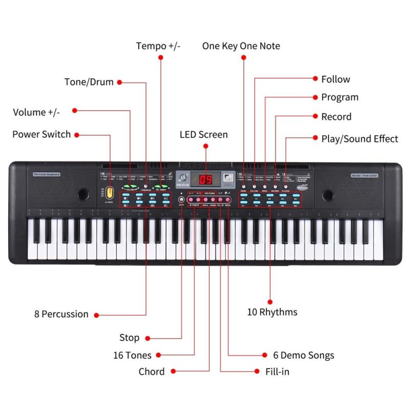 Keyboards & Pianos |   61 Keys USB Electronic Organ Kids Electric Piano with Microphone Black Keyboards & Pianos Black