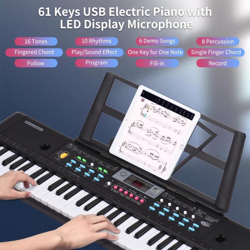 Keyboards & Pianos |   61 Keys USB Electronic Organ Kids Electric Piano with Microphone Black Keyboards & Pianos Black