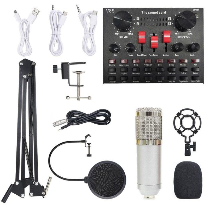 Pro Audio Equipment |   Multi-functional Live Sound Card BM800 Microphone Set Audio Recording Equipments (Black & Gold) Silver Musical Instruments Pro Audio Equipment