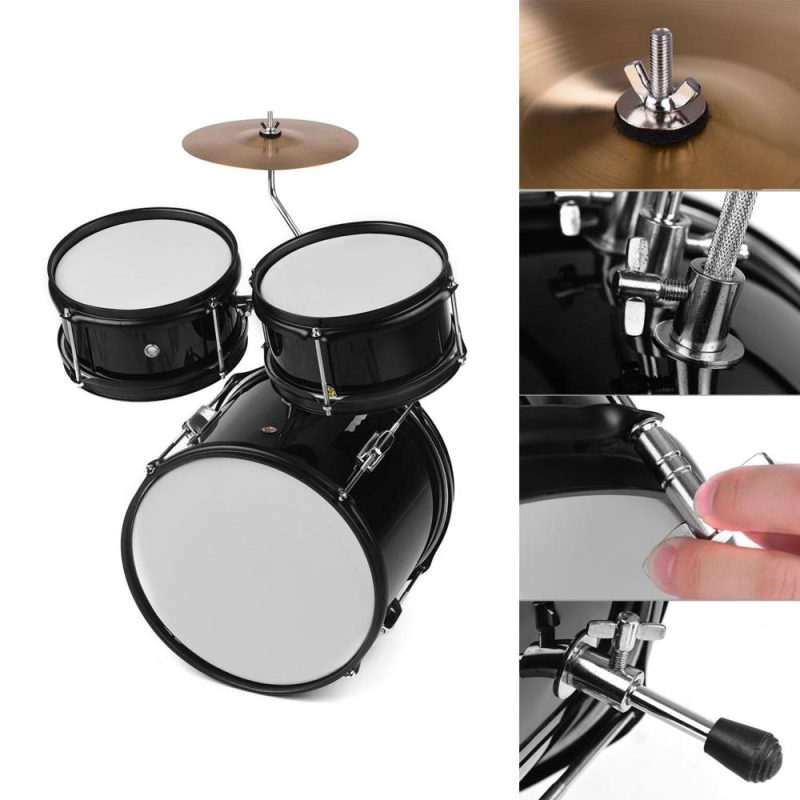 Drums & Percussion |   Kids Children Junior Beginners 3-Piece Drum Set Drums Kit Black Drums & Percussion Black