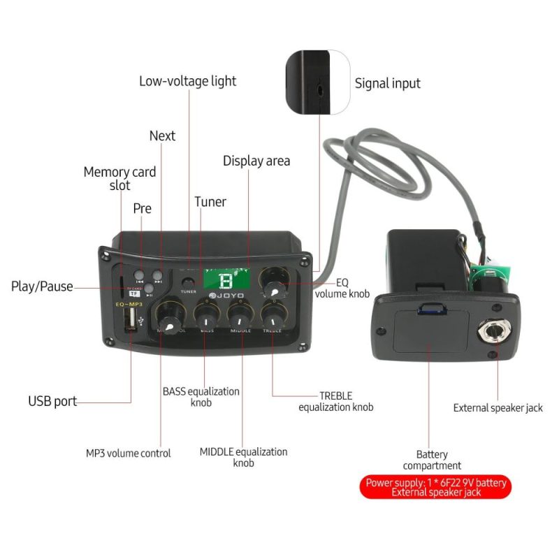 Musical Effects |   EQ-MP3 3-Band EQ Equalizer System Acoustic Guitar Preamp EQ Equalizer Piezo Pickup LCD Tuner Amplifier Black Musical Effects Black