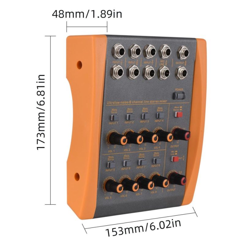 Musical Effects |   NX-03 8-Channel Mixing Console Ultra Low Noise 8 Channels Line Stereo Mixer Black & Orange Musical Effects Black & Orange