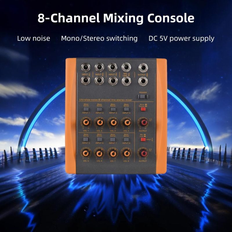 Musical Effects |   NX-03 8-Channel Mixing Console Ultra Low Noise 8 Channels Line Stereo Mixer Black & Orange Musical Effects Black & Orange