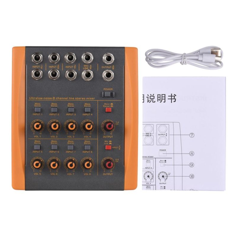 Musical Effects |   NX-03 8-Channel Mixing Console Ultra Low Noise 8 Channels Line Stereo Mixer Black & Orange Musical Effects Black & Orange