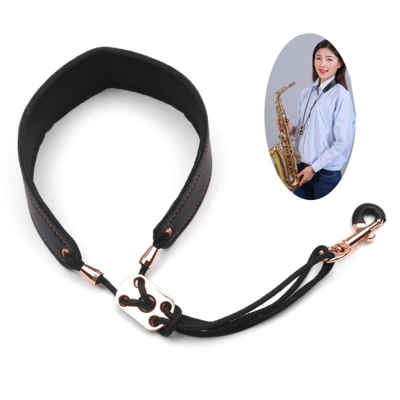 Woodwinds |   Adjustable Saxophone Neck Strap Leather Sax Strap Metal Hook for Tenor/ Soprano/ Alto Saxophones Clarinet Black Musical Instruments Black