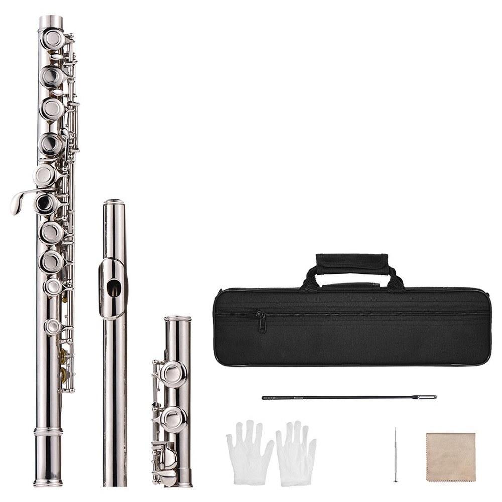 Woodwinds |   Western Concert Flute Nickel Plated 16 Holes C Key Cupronickel Woodwind Instrument Silver Musical Instruments Silver