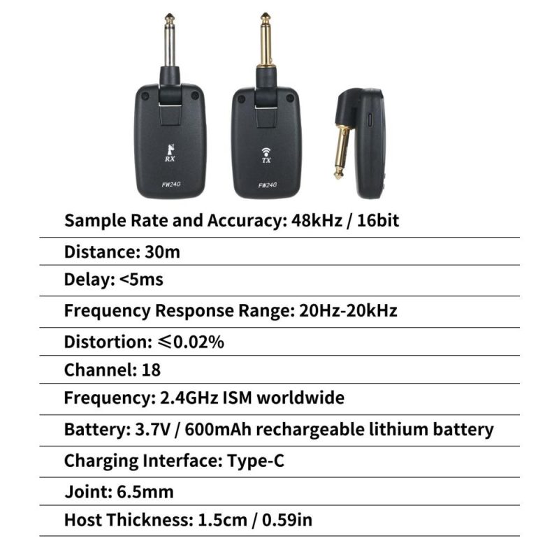 Strings and Accessories |   FW-24G Guitar Wireless System Rechargeable Guitar Pickup Transmitter and Receiver Set Black Musical Instruments Black